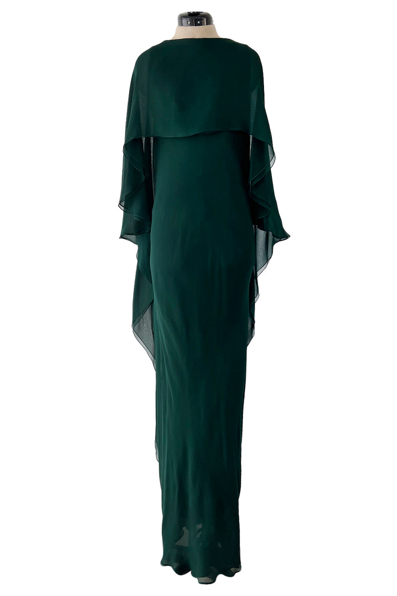 Fall 1975 Beautiful Halston Runway Flowing Deep Green Silk Chiffon w Low Back Plunge