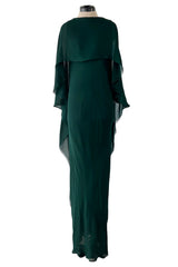 Fall 1975 Beautiful Halston Runway Flowing Deep Green Silk Chiffon w Low Back Plunge