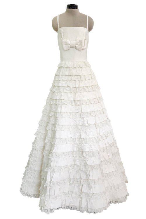 Dreamiest 2010s Valentino Off White Silk Wedding Dress w Tiered Ivory Lace & Ruffle Skirt
