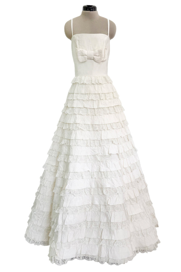 Dreamiest 2010s Valentino Off White Silk Wedding Dress w Tiered Ivory Lace & Ruffle Skirt