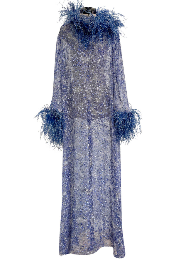1970s Unlabeled Printed Silk Chiffon Dress w Gold & Silver Thread & Feather Collar & Cuffs