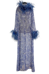1970s Unlabeled Printed Silk Chiffon Dress w Gold & Silver Thread & Feather Collar & Cuffs