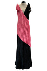 Fantastic Fall 1980 Mary McFadden Couture Salmon Pink & Black Cross Over Pleated Dress