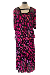 Prettiest 1970s Courreges Bright Pink Floral Velvet on Black Silk Chiffon Dress w Numbred Label