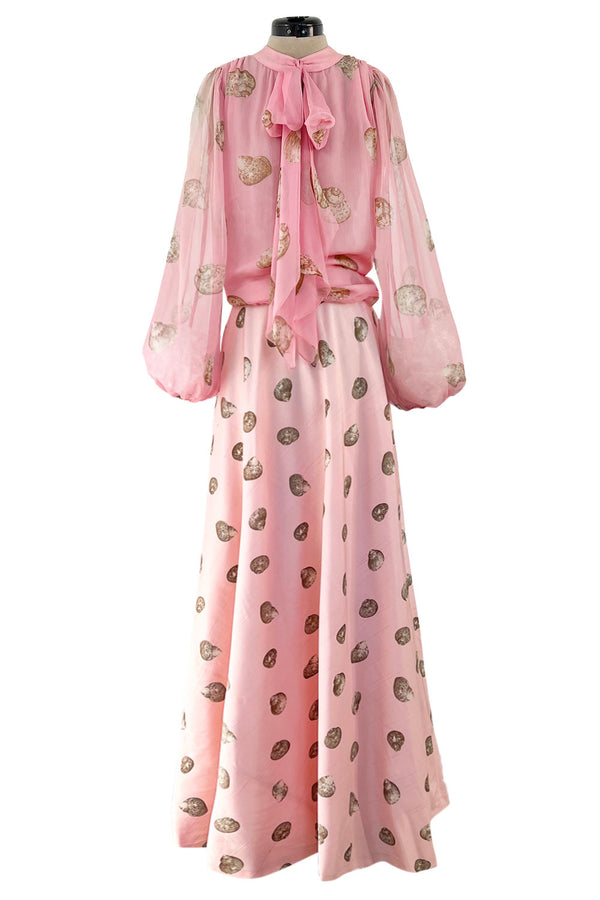 Gorgeous Spring 1974 Valentino Ad Campaign Shell Print Pink Silk Chiffon Top & Silk Twill Skirt Set