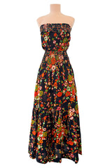 Wonderful c.1974 Yves Saint Laurent Brilliant Floral Print Strapless Cotton Dress w Top Stitched Gathers