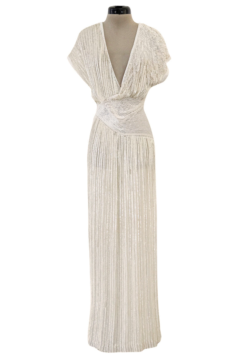 Prettiest 1970s Lillie Rubin Ivory Fully Sequinned & Applied Tube Beads on Silk Chiffon Dress