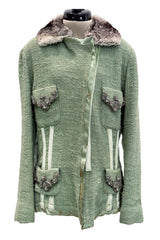 Fall 2005 Roberto Cavalli Green Boucle Jacket w Chinchilla Collar, Rhinestone, SIlk & Velvet Detailing