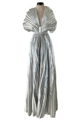 Exceptional 1970s Roland Klein Metallic Silver Lame Pleated Fan Dress w Completely Open Bare Back