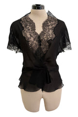 Beautiful mid-1980s  Emanuel Ungaro Haute Couture Black Silk Chiffon & Handmade Lace Wrap Top