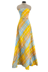 Beautiful Late 1980s Pierre Balmain Pastel Blue & Yellow Feather Light Strapless Silk Dress w Full Skirt