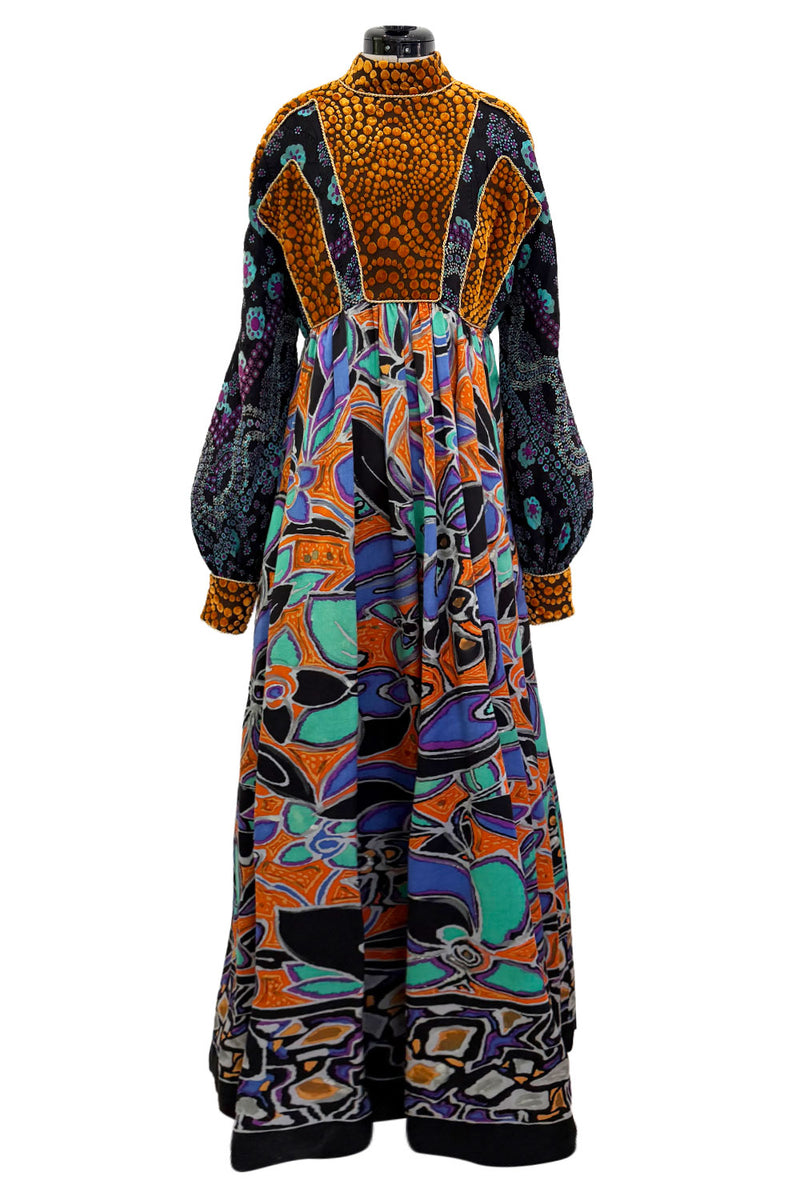 Spectacular 1970s Ronald Amey Demi-Couture Printed Silk, Silk Chiffon & Cut Velvet Dress
