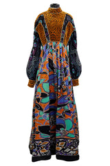 Spectacular 1970s Ronald Amey Demi-Couture Printed Silk, Silk Chiffon & Cut Velvet Dress