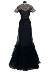 Incredible 1990s Oscar de la Renta Fine Black Lace Dress w Full Ruffled Skirt