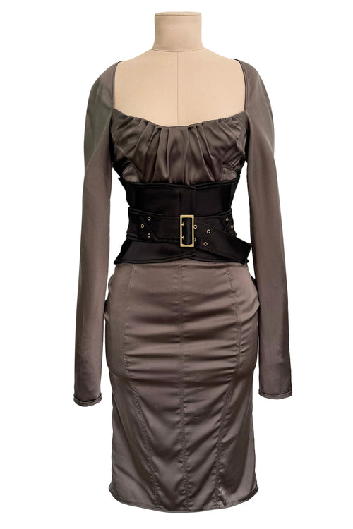 Important Fall 2003 Gucci by Tom Ford Runway Look 10 Stretch Silk Dress w Black Corset Waist Cincher Belt