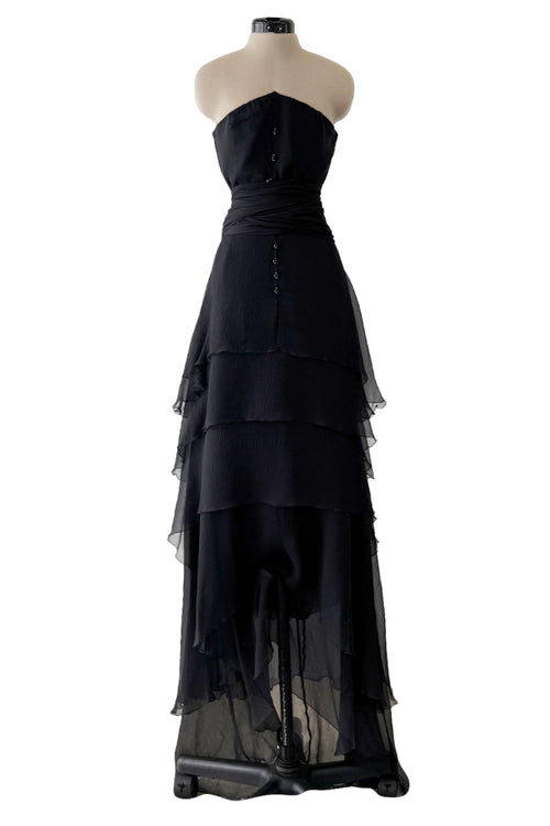 1980s Chanel by Karl Lagerfeld Strapless Black Tiered Silk Chiffon Dress
