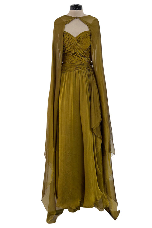 Fall 1989 Oscar de la Renta Iridescent Green Gold Silk Chiffon Strapless Dress w Matching Cape