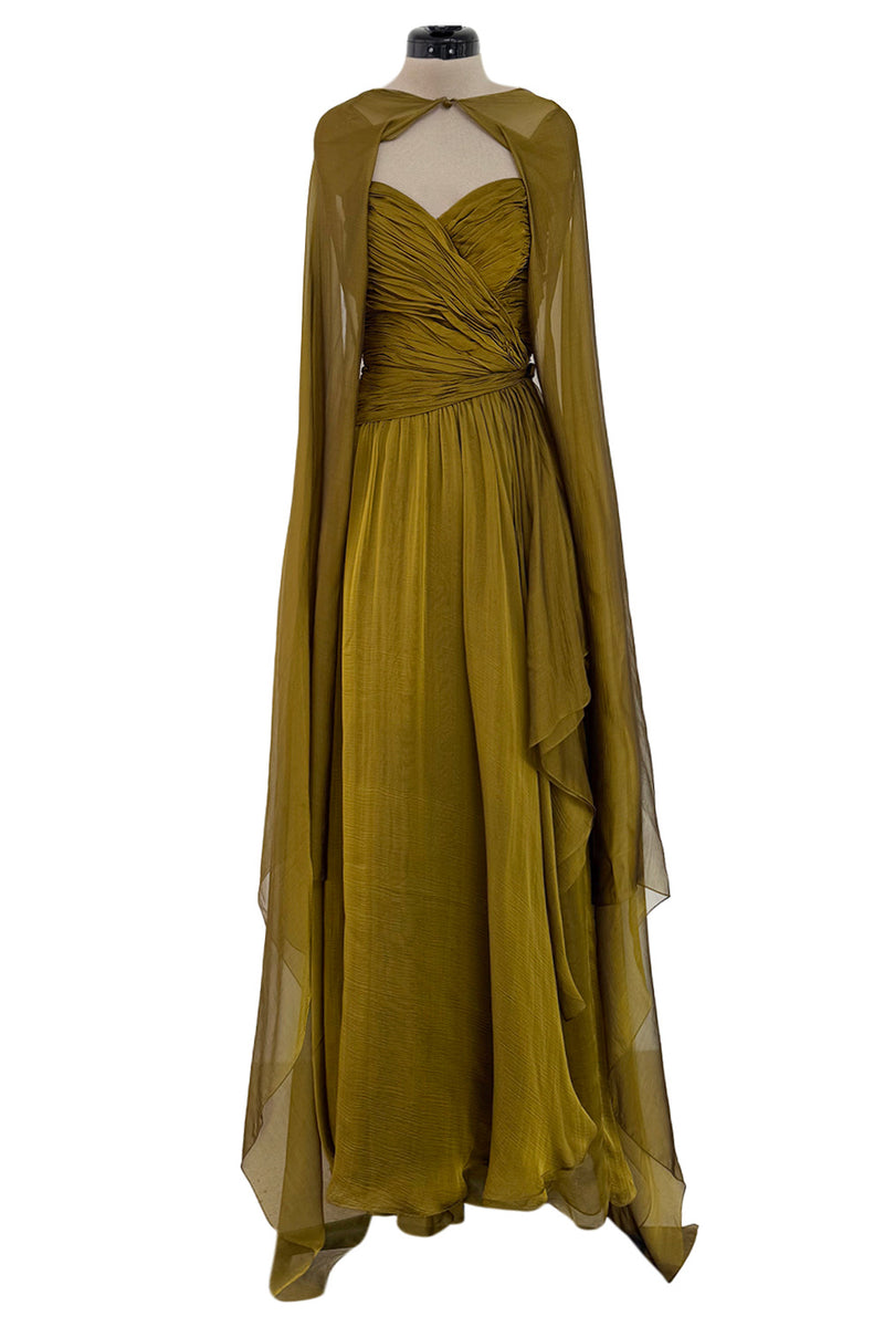 Fall 1989 Oscar de la Renta Iridescent Green Gold Silk Chiffon Strapless Dress w Matching Cape