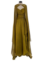 Fall 1989 Oscar de la Renta Iridescent Green Gold Silk Chiffon Strapless Dress w Matching Cape