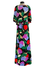 Prettiest 1970s Mr Blackwell Custom Black Jersey Dress w Bright Print & Sequin Detailing