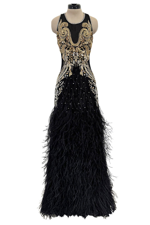 Amazing 2015 Roberto Cavalli Gold bead &sequin embellished silk and silk netFeather Dress