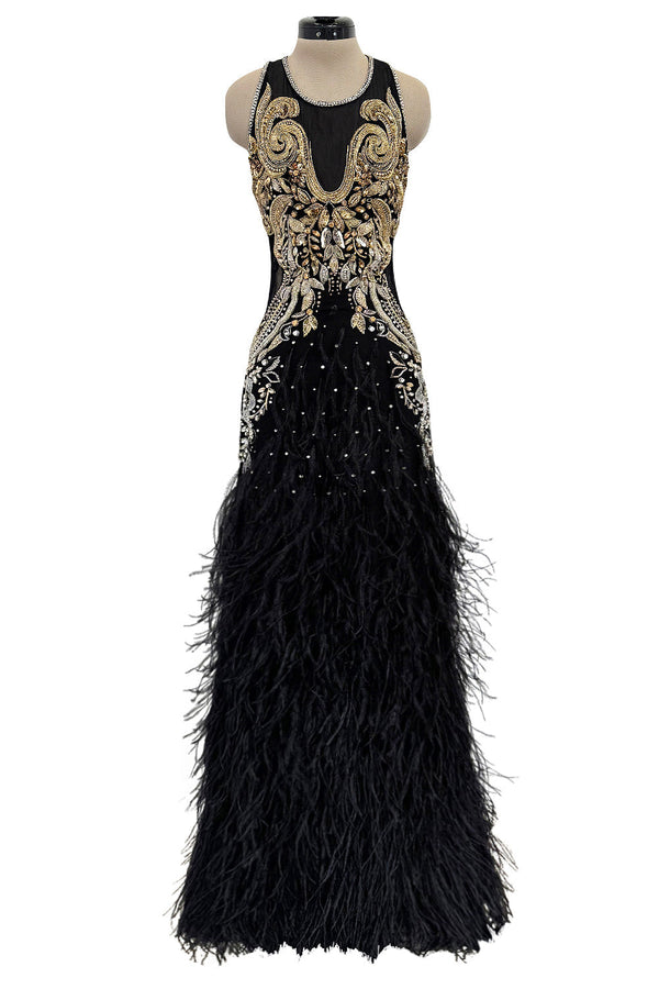 Extraordinary 2015 Roberto Cavalli Runway Feather & Net Dress w Bead & Sequin Detailing