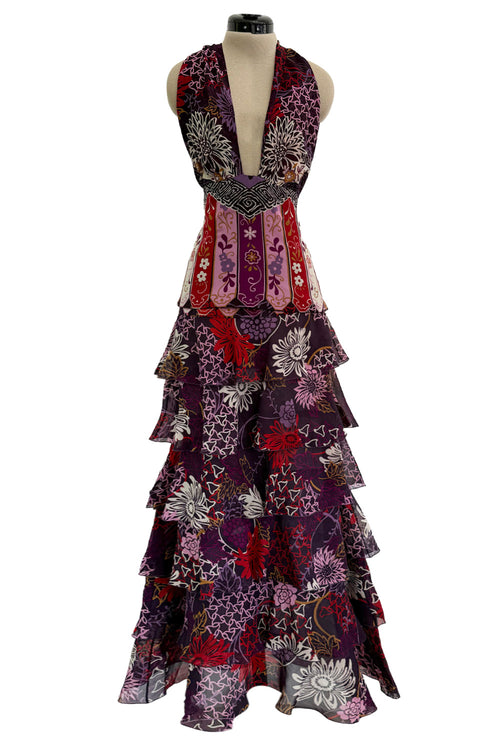 Prettiest Fall 2006 Original Mr. Valentino Purple Print Ruffled Skirt & Plunging Halter Top Dress Set