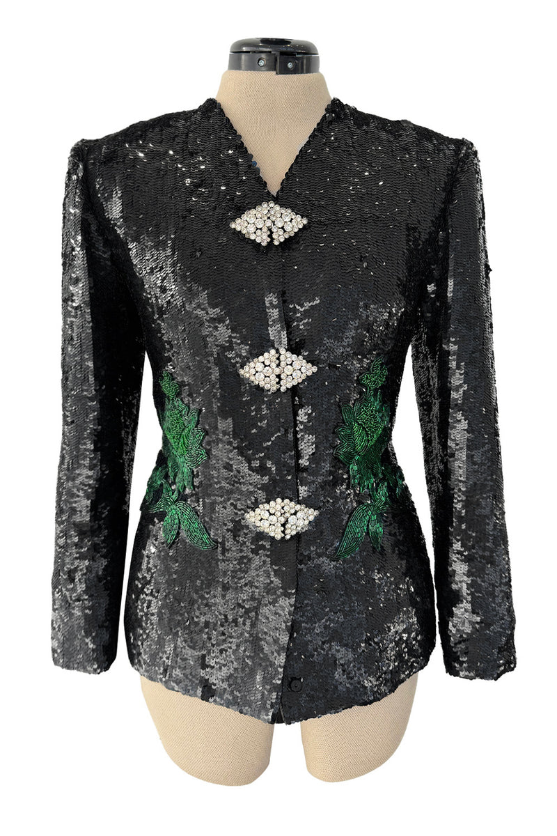 Fall 1980 John Anthony Couture Black Hand Sequin & Beaded Jacket w Incredible Rhinestone Closures