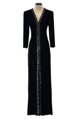 Fall 1998 Yves Saint Laurent Runway Black Velvet Dress w Elaborate Black Sequin Detailing