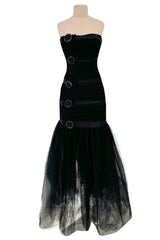 Fantastic Spring 1987 Yves Saint Laurent Strapless Dotted Silk Net Strapless Dress w Rhinestone Detail & Full Lower Skirts