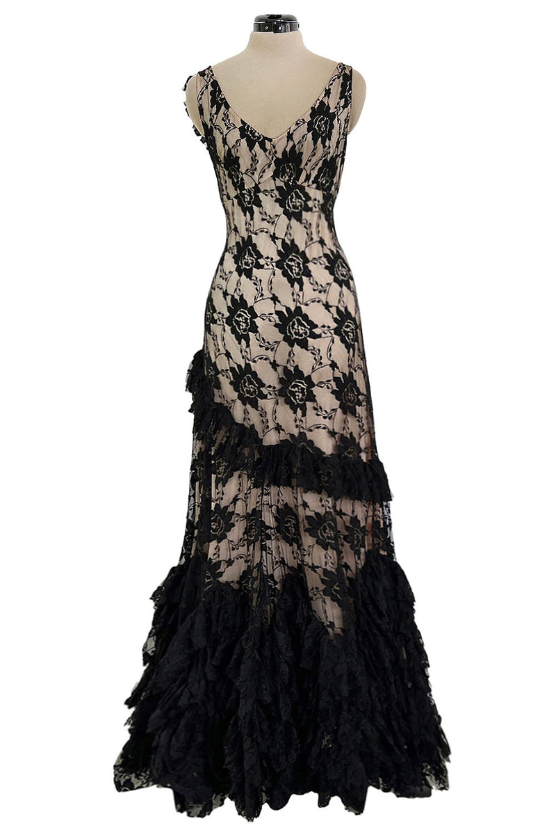 Gorgeous 2010s John Galliano Spanish Influnced Tiered & Ruffled Black Lace Bias Cut Dress
