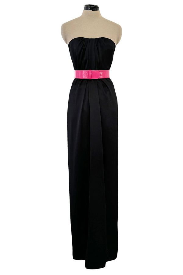 Fabulous 2008 Alexander McQueen Strapless Black Silk Dress w Vibrant Pink Patent Leather Belt