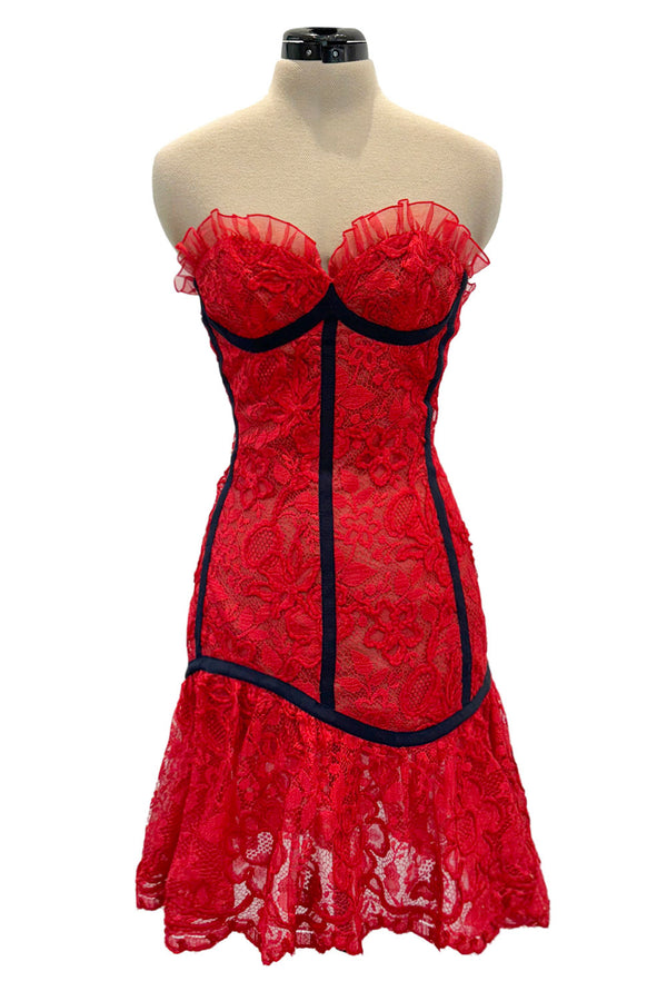 Amazing Spring 1992 Yves Saint Laurent Runway Red Lace Strapless Dress w Grosgrain Detailing