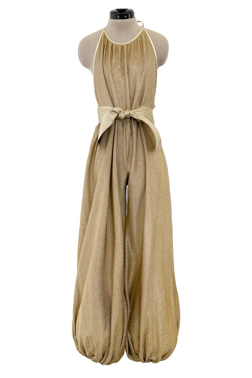 1981 Bill Tice Gold Metallic Backless Jumpsuit w Wide Balloon Legs