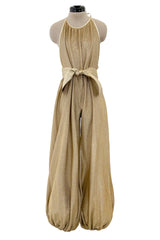 1981 Bill Tice Gold Metallic Backless Jumpsuit w Wide Balloon Legs