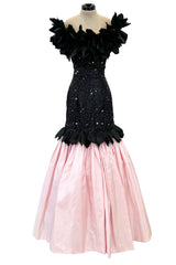 Rare 1986 Fabrice Simon Couture Off Shoulder Beaded Black Dress w Pastel Pink Lower Skirts