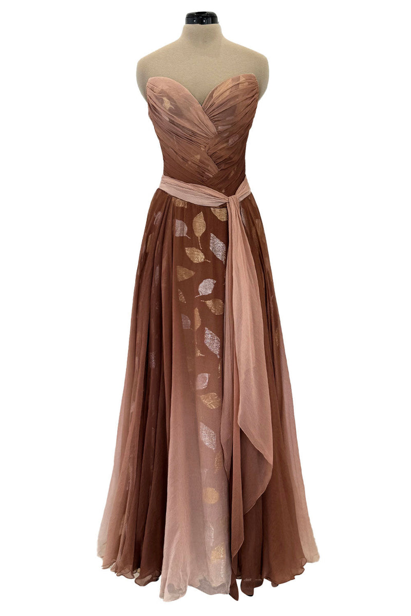 Prettiest Fall 1989 Bob Mackie Runway Silk Chiffon w Metallic Leaf Print Underlay Strapless Dress