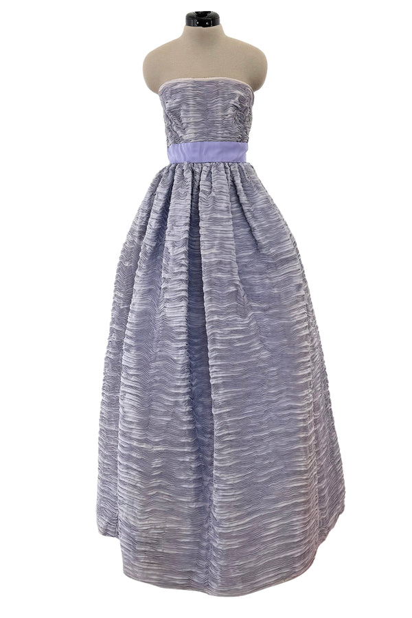 Elegant Late 1950s Sybil Connolly Couture Pale Lavender Pleated Linen Strapless Dress w Shawl