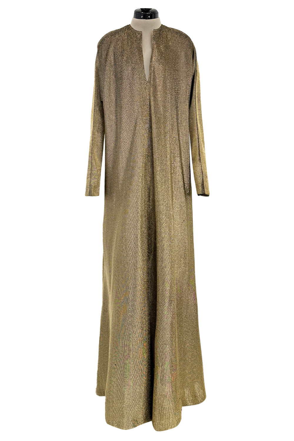 Iconic 1970s Halston Long Metallic Gold Lame Lurex Caftan Dress