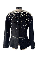 Incredible 1980s Givenchy Black Crepe Jacket w Pearl & Rhinestone Applique