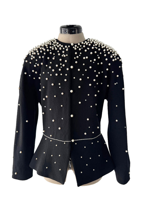 Incredible 1980s Givenchy Black Crepe Jacket w Pearl & Rhinestone Applique