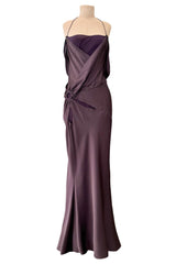 Gorgeous Fall 2003 John Galliano Bias Cut Deep Purple Silk Dress w Draped Arm Panels