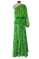 Demi-Couture Spring 1989 Nina Ricci Runway Dotted Silk Skirt & Silk Chiffon One Shoulder Top Set