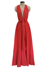 Chic & Minimalist Resort 1974 Halston Vogue Documented Red & White Striped Cotton Plunge Dress Dress