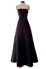 Exquisite Fall 1978 Stavropoulos Bias Cut Black Silk Dress w Red Striped Pattern & Red Underskirt
