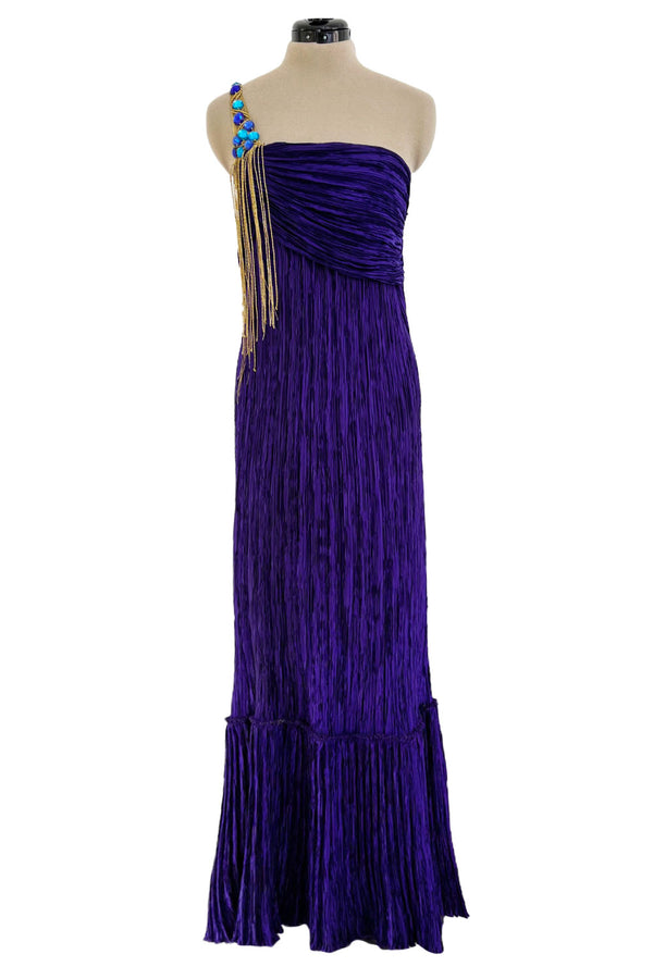 Fall 1982 Mary McFadden Purple Pleated Dress w Elaborate Beaded Gold Cord Shoulder
