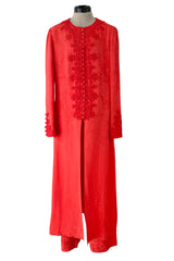 1970s Oscar de la Renta Coral Orange Wide Leg Pant & Long Caftan Tunic Set w Silk Cord Detailing