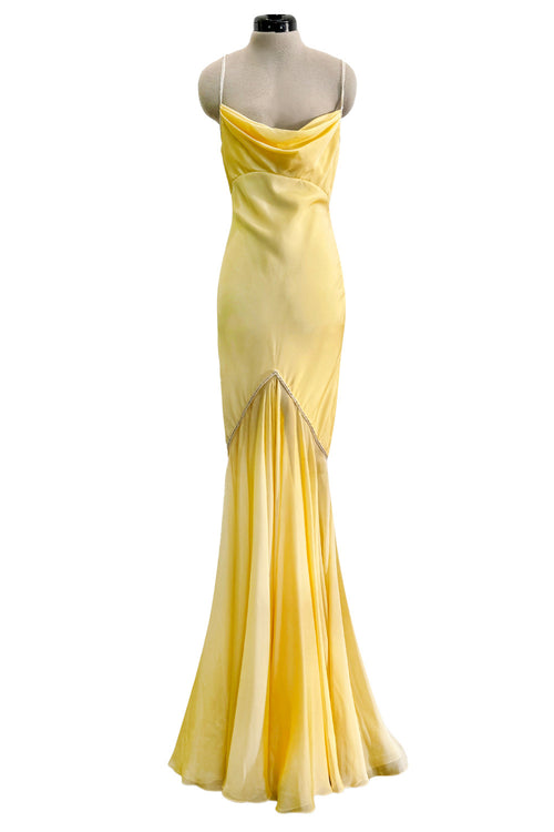Prettiest 1980s Bob Mackie Pale Pastel Yellow Chiffon Dress w Draped Neckline & Flowing Skirt