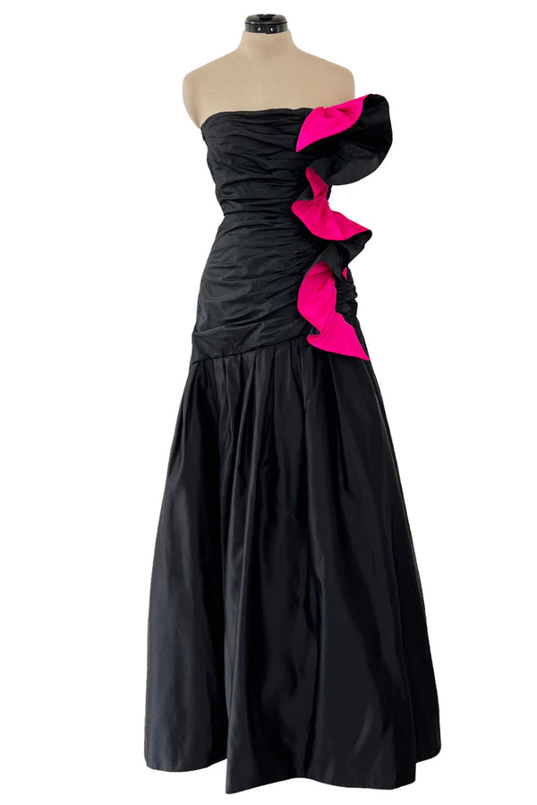 Stunning 1980s Arnold Scaasi Couture Black Silk Strapless Dress w Shocking Pink Ruffle