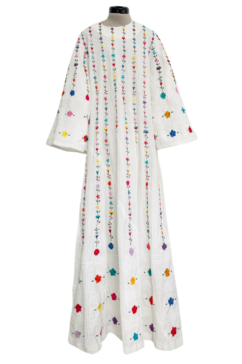 Fantastic 1960s Unlabeled White Cotton Hand Embroidered Mexican Caftan Shrimpton Couture Fantastic 1960s Unlabeled White Cotton Hand Embroidered Mexican Caftan Shrimpton Couture